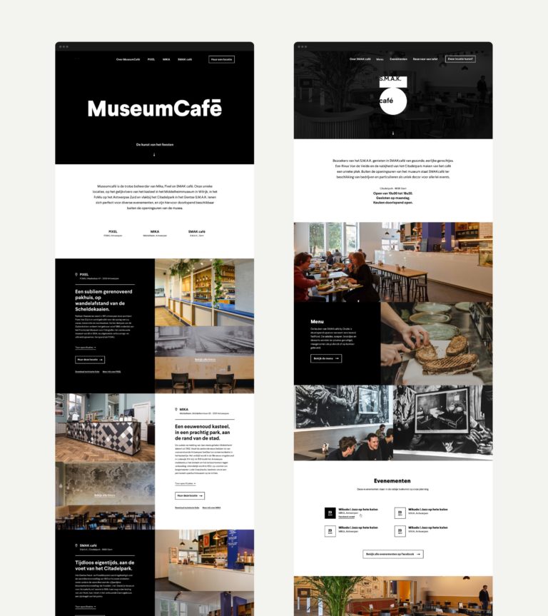 MuseumCafé websites overview. Overview of the home page of MuseumCafé's website and S.M.A.K. Café's one page website.